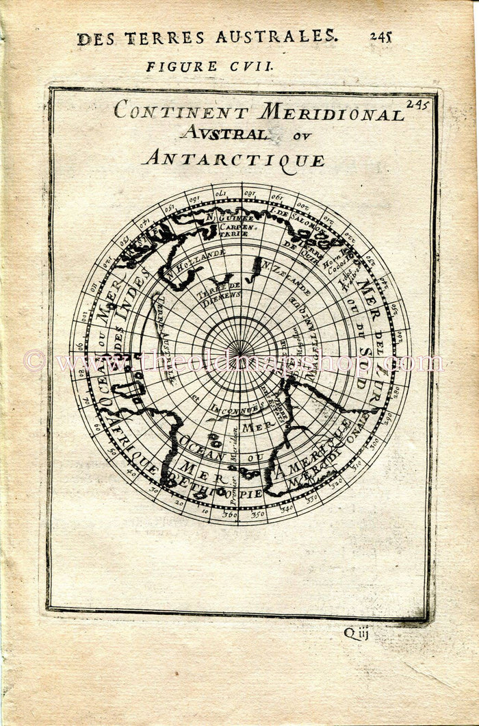 1683 Manesson Mallet Map "Continent Meridional Austral ou Antarctique" Australia, New Zealand, America, Southern Hemisphere, Antique Print