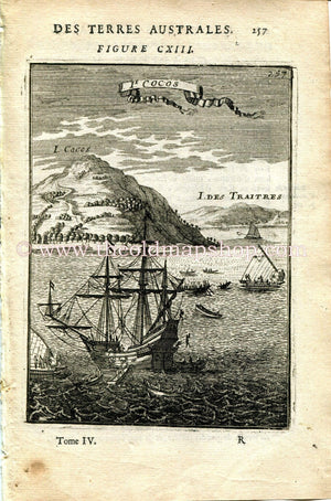 1683 Manesson Mallet "Isle Cocos" Tafahi Island, Niuatoputapu, Traitors Island, Tonga, Bird's-eye View, Antique Print, Engraving
