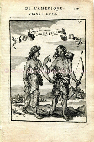 1683 Manesson Mallet "Ples de la Floride" Native American Man & Woman, Florida, Floridian, Bow and Arrow, Costume, Antique Print, Engraving