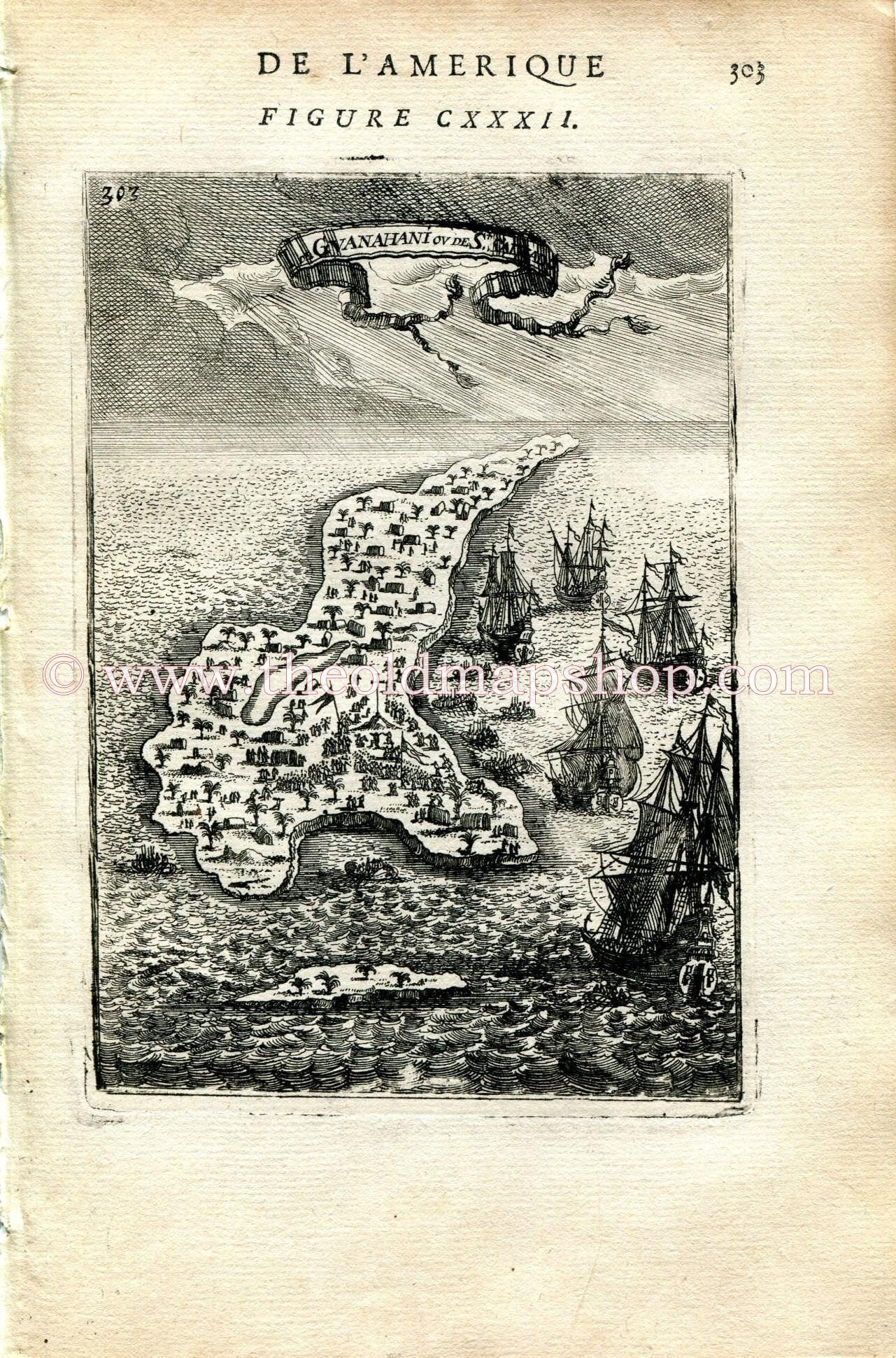 1683 Manesson Mallet "I. de Guanahani ou de St. Salvador" Guanahani Island, The Bahamas, Antique Map Print Engraving