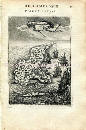 1683 Manesson Mallet "I. de Guanahani ou de St. Salvador" Guanahani Island, The Bahamas, Antique Map Print Engraving