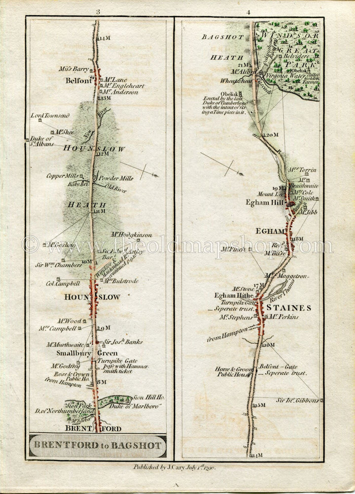 1790 John Cary Antique Road Map 3/4 Brentford, Hounslow, Belfont, Staines, Egham, Virginia Water, Bagshot, Windsor Great Park