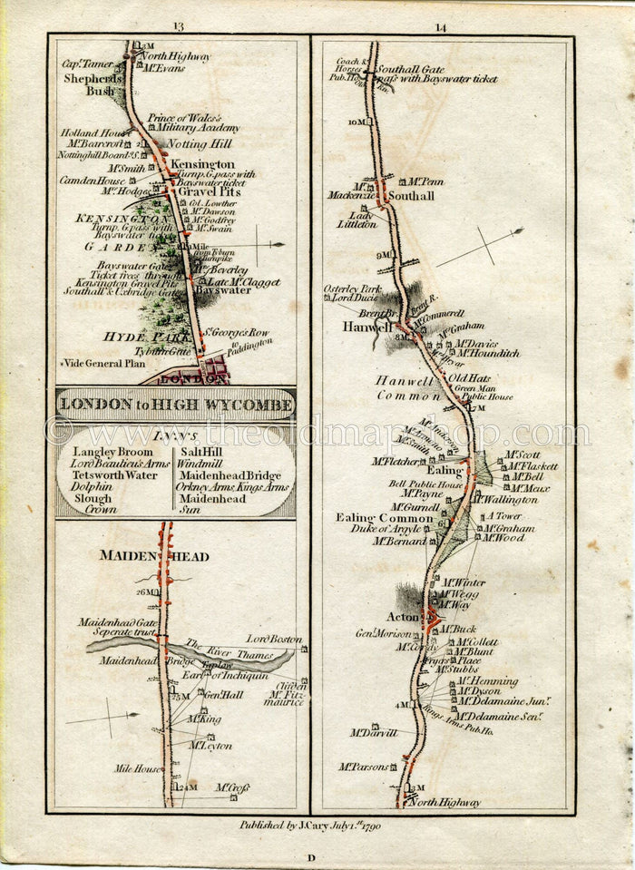 1790 John Cary Antique Road Map 13/14 Maidenhead, London, Kensington, Notting Hill, Shepherd's Bush, Acton, Ealing, Hanwell, Southall