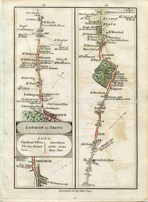 1790 John Cary Antique Road Map 19/20 Amersham, London, Paddington, Kilburn, Cricklewood, The Hyde, Edgeware, Stanmore, Bushey Heath