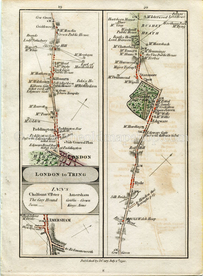 1790 John Cary Antique Road Map 19/20 Amersham, London, Paddington, Kilburn, Cricklewood, The Hyde, Edgeware, Stanmore, Bushey Heath