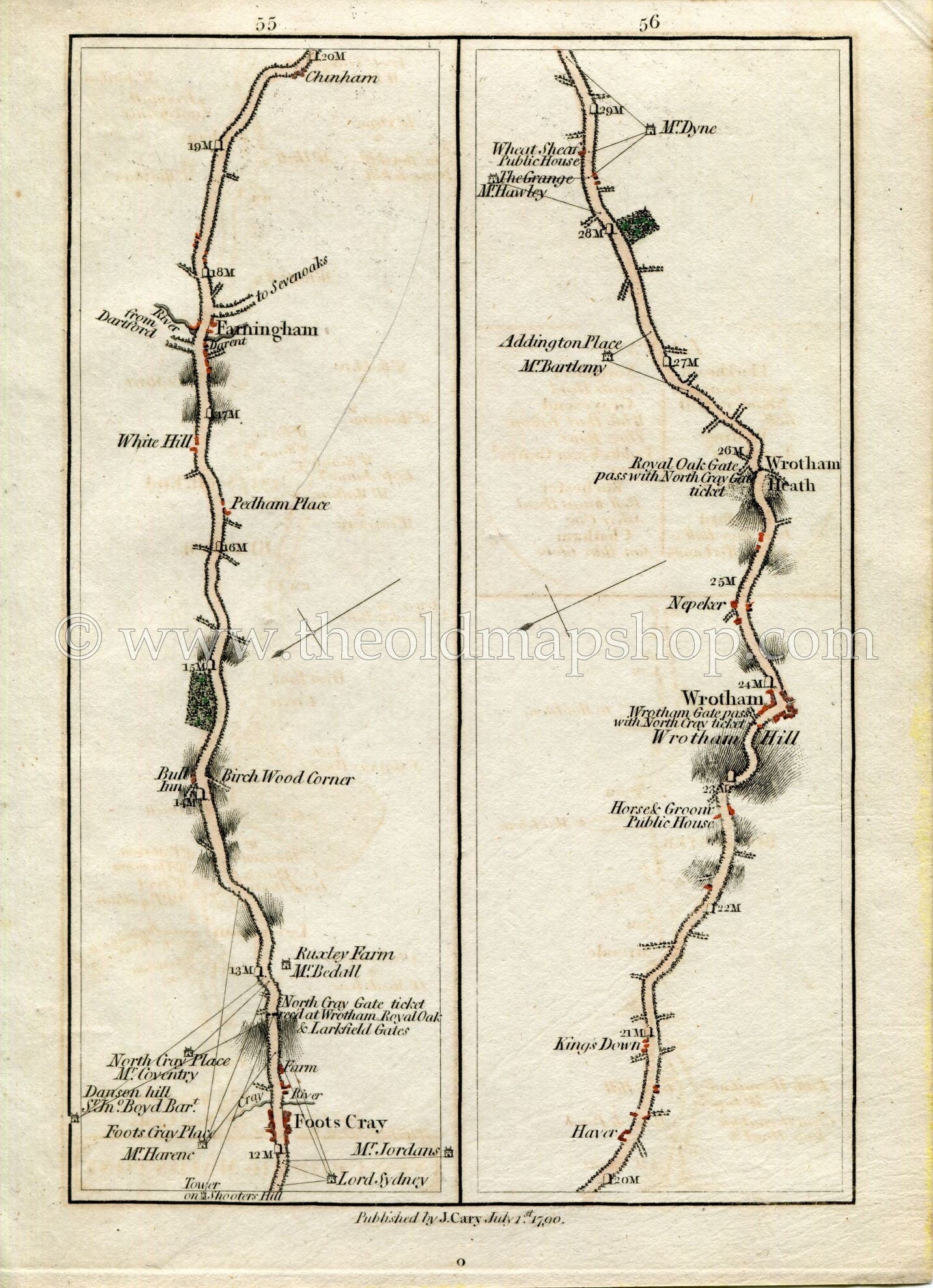 1790 John Cary Antique Road Map 55/56 Foots Cray, Farningham, Kingsdown, Wrotham, Wrotham Hill, Wrotham Heath, London