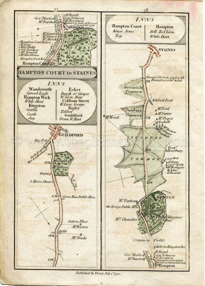1790 John Cary Antique Road Map 77/78 Guildford, Hampton Court, Kenton Park, Sunbury Common, Staines