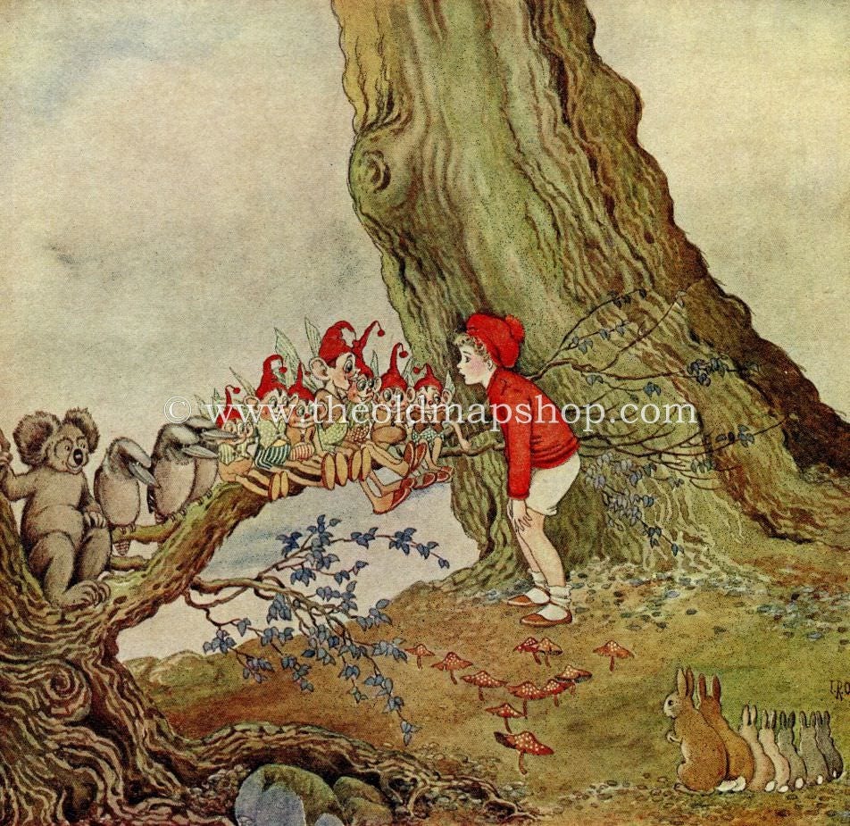 1921 Ida Rentoul Outhwaite Antique Fairy Print (Potty Talks to The Forest Creatures) Vintage Book Plate, from The Enchanted Forest