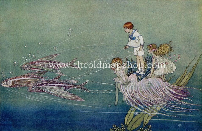 1921 Ida Rentoul Outhwaite Antique Fairy Print (Drawn By Fishes) Vintage Book Plate, from The Enchanted Forest