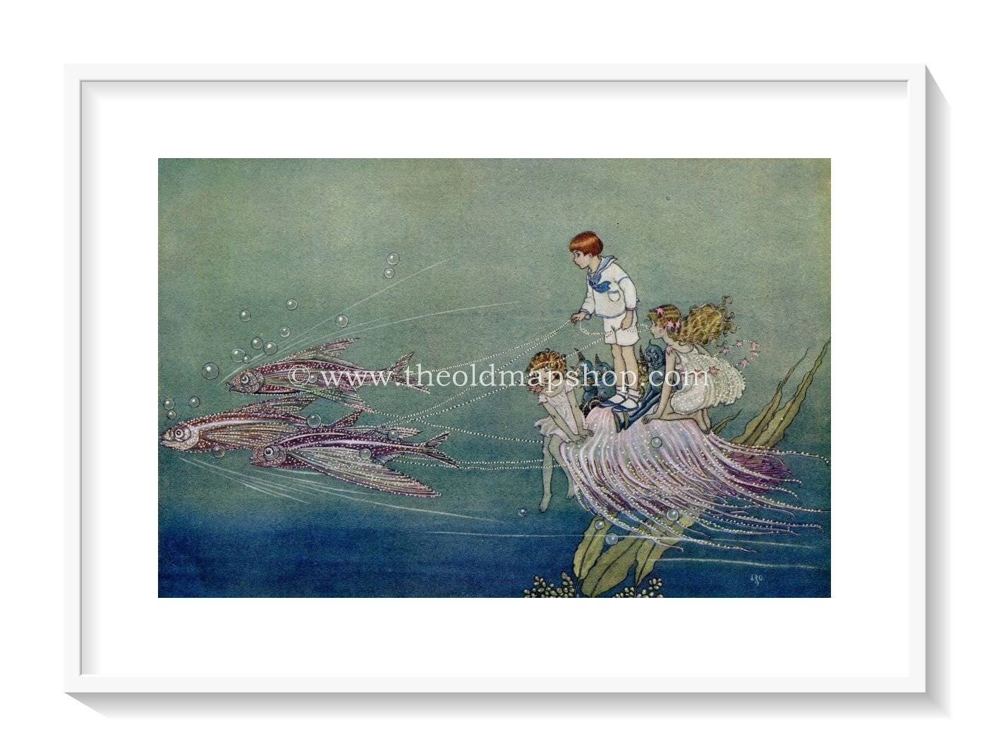 1921 Ida Rentoul Outhwaite Antique Fairy Print (Drawn By Fishes) Vintage Book Plate, from The Enchanted Forest
