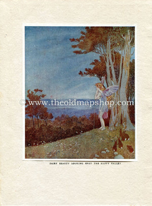 1925 Ida Rentoul Outhwaite Antique Fairy Print (Fairy Beauty Looking Over The Happy Valley) Vintage Book Plate, from The Enchanted Forest