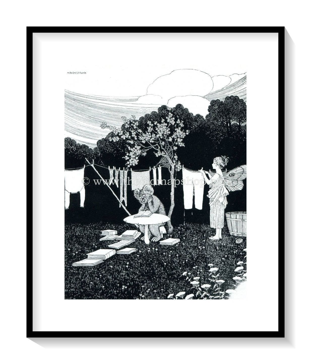 1921 Ida Rentoul Outhwaite Antique Fairy Print (Dr. Teddy-Bear At Home) Washing Line, Vintage Book Plate, from The Enchanted Forest