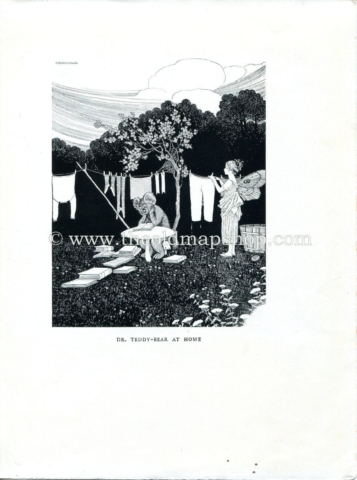 1925 Ida Rentoul Outhwaite Antique Fairy Print (Dr. Teddy-Bear At Home) Vintage Book Plate, from The Enchanted Forest