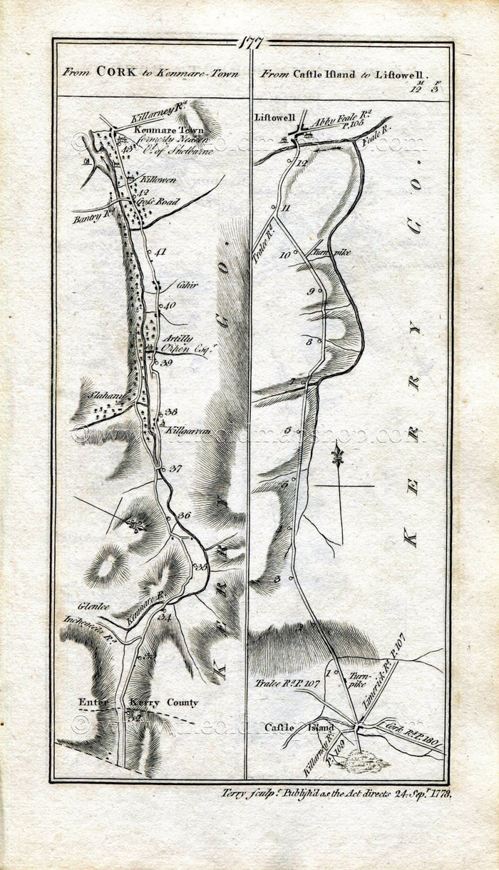 1778 Taylor & Skinner Antique Ireland Road Map 177/178 Kenmare, Kilgarvan, Castleisland, Listowel, Macroom, Kilmurry, Bandon, Cork, Kerry