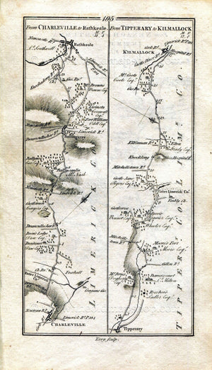 1778 Taylor & Skinner Antique Ireland Road Map 195/196 Charleville, Foxhall, Ballingarry, Tipperary, Emly, Elton, Nenagh, Lorrha, Portumna