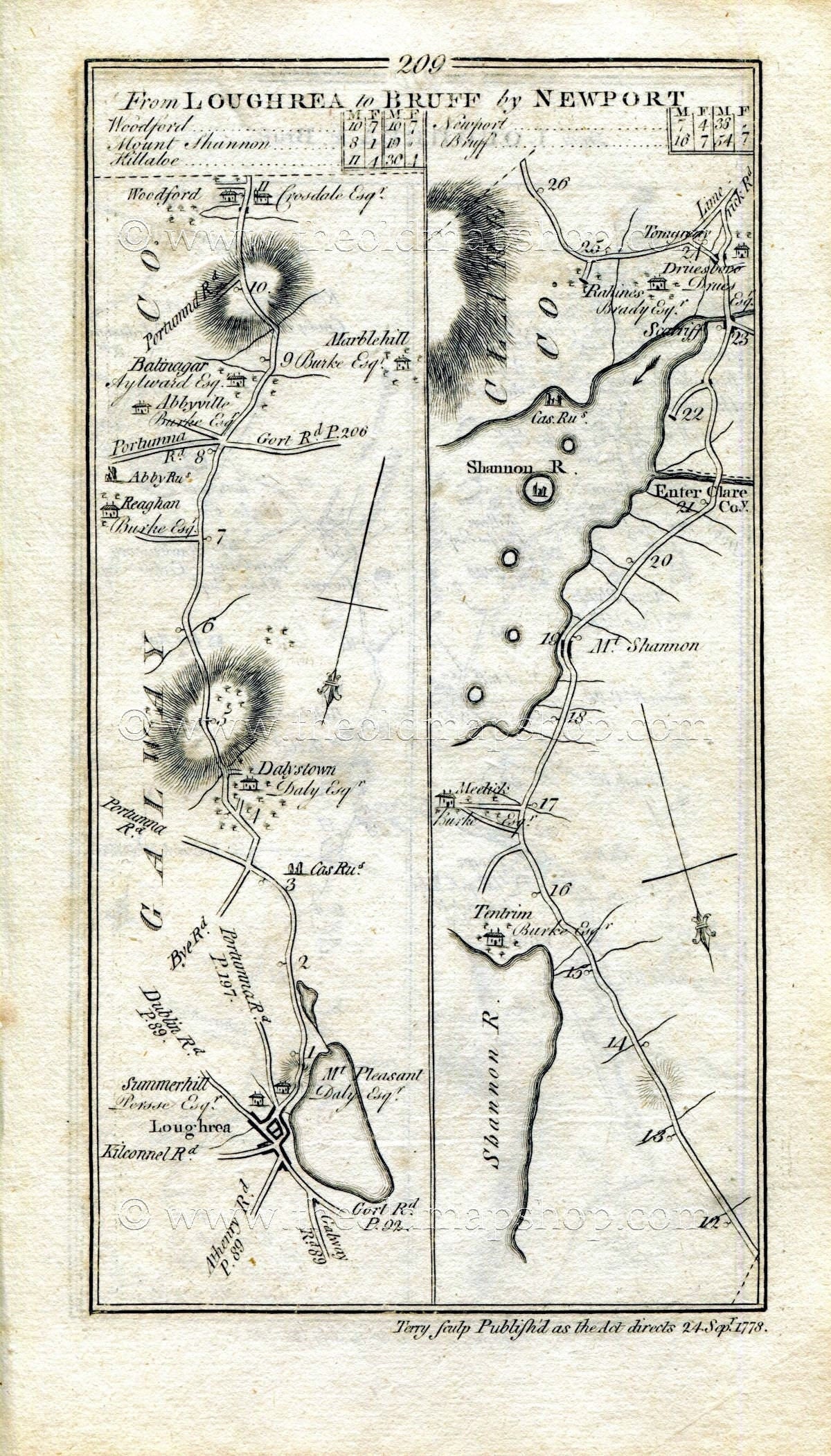 1778 Taylor & Skinner Antique Ireland Road Map 209/210 Loughrea, Marblehill, Scarriff, Killaloe, Newport, Bruff, Galway, Tipperary, Limerick