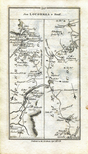 1778 Taylor & Skinner Antique Ireland Road Map 209/210 Loughrea, Marblehill, Scarriff, Killaloe, Newport, Bruff, Galway, Tipperary, Limerick