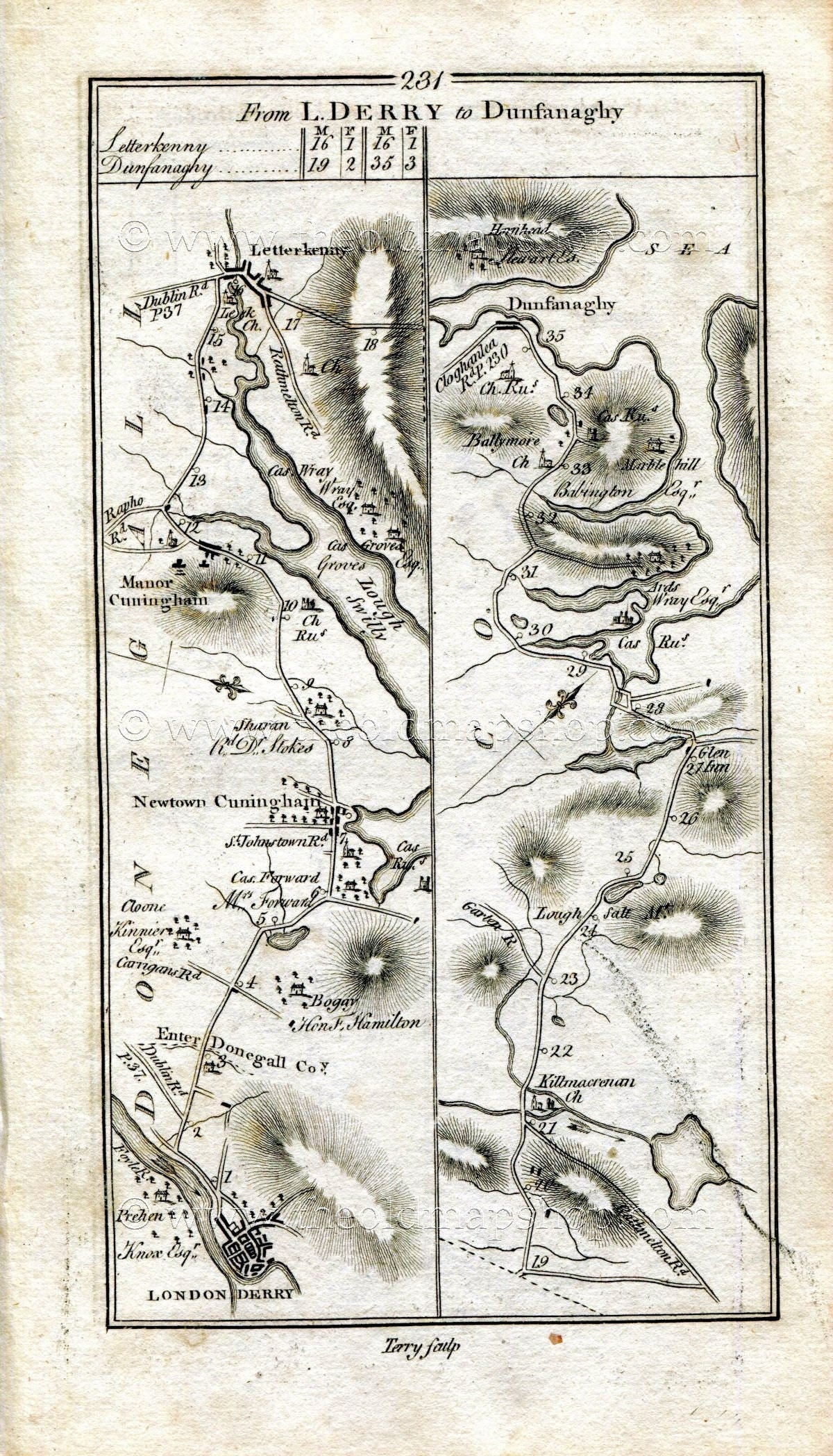 1778 Taylor & Skinner Antique Ireland Road Map 231/232 Londonderry, Bogay, Letterkenny, Dunfanaghy, Carrick-On-Shannon, Leitrim Killashandra