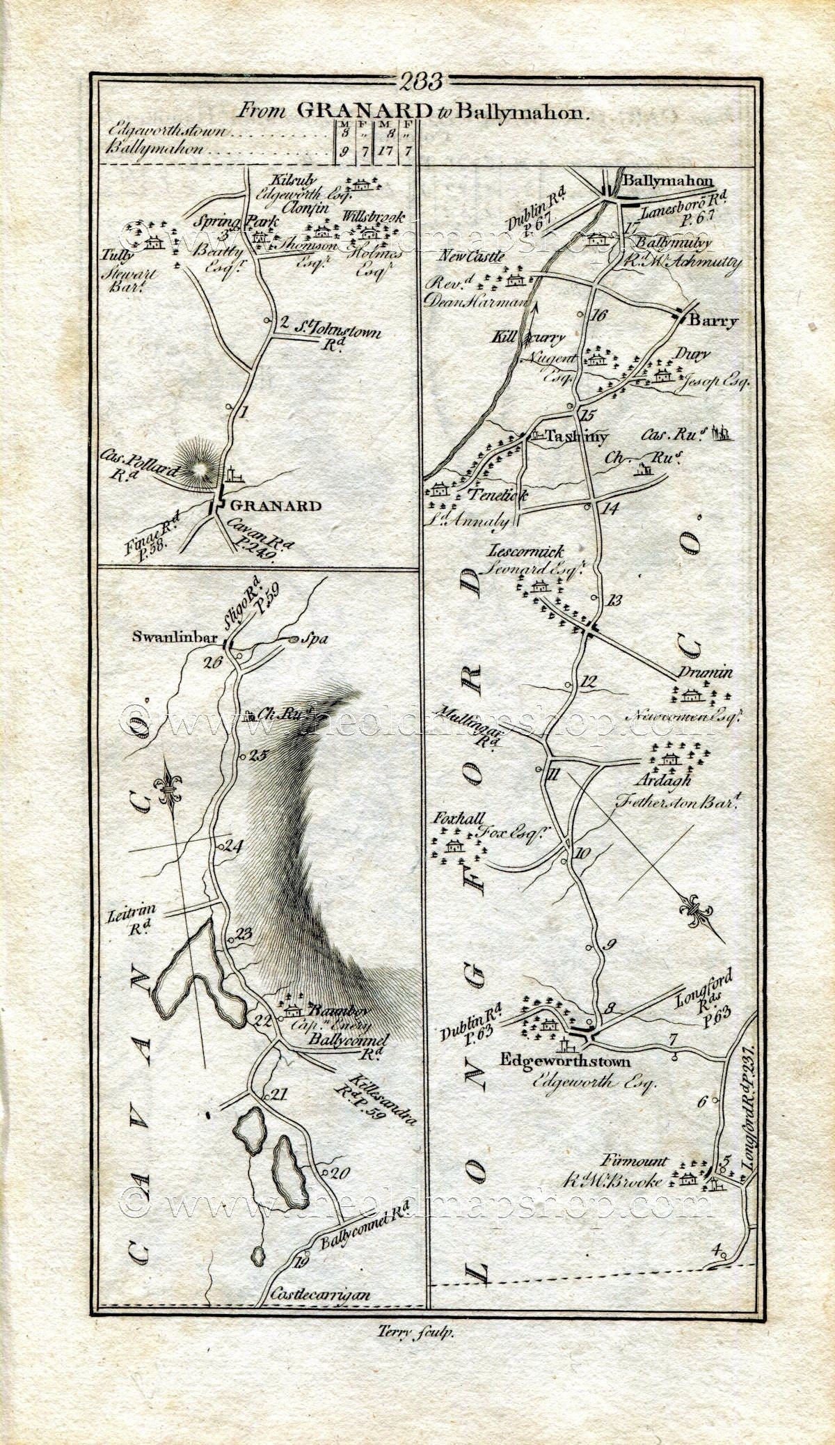 1778 Taylor & Skinner Antique Ireland Road Map 233/234 Granard, Edgeworthstown, Ballymahon Carrick-On-Shannon Manorhamilton Leitrim Longford