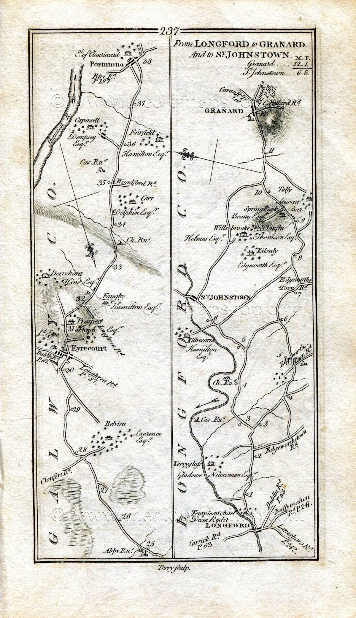 1778 Taylor & Skinner Antique Ireland Road Map 237/238 Eyrecourt, Portumna, Longford, Saint Johnstown, Granard, Roscommon, Roxborough, Tulsk