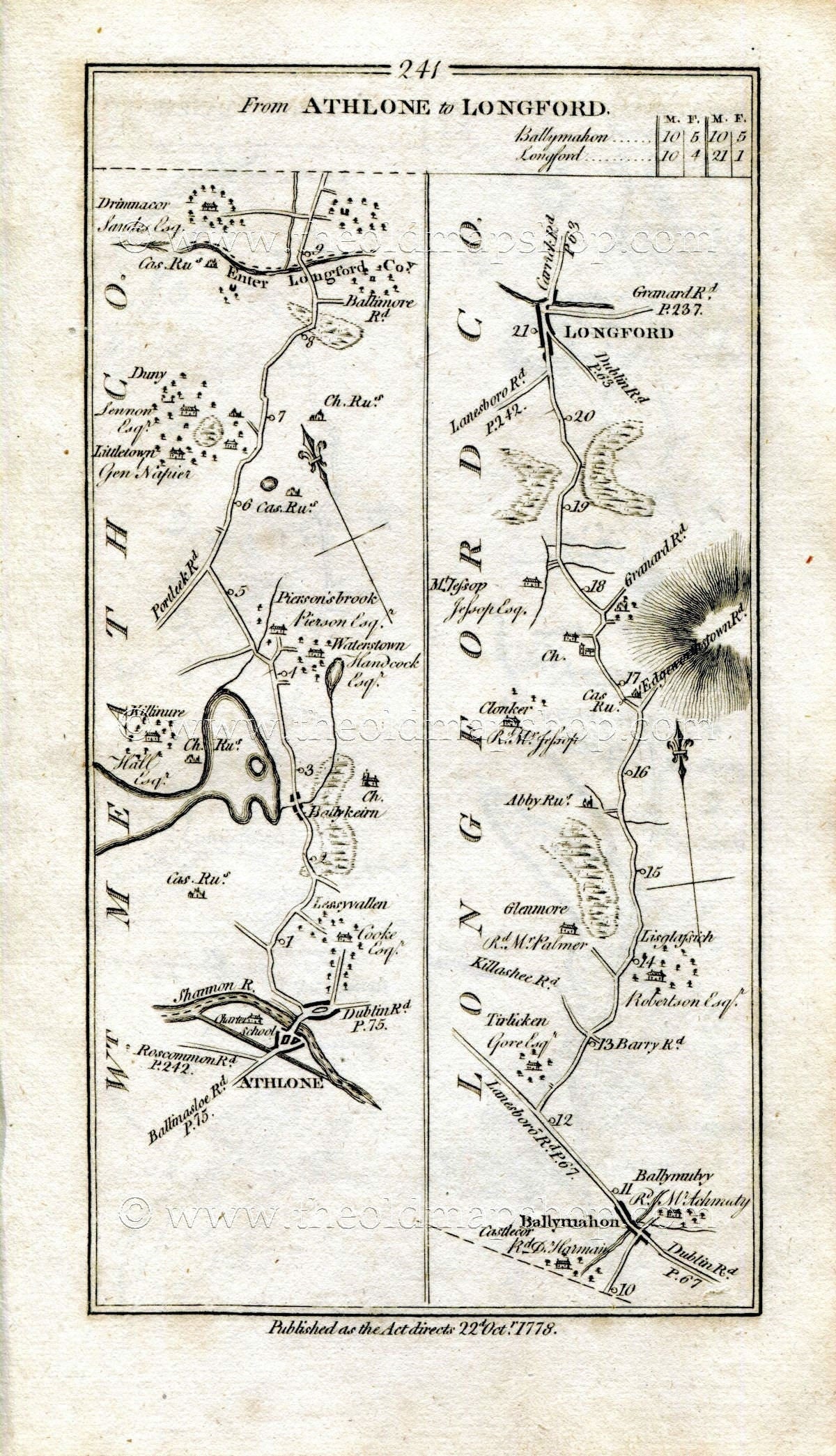 1778 Taylor & Skinner Antique Ireland Road Map 241/242 Athlone, Ballykeeran, Killinure, Ballymahon, Longford, Mote, Lanesborough, Roscommon