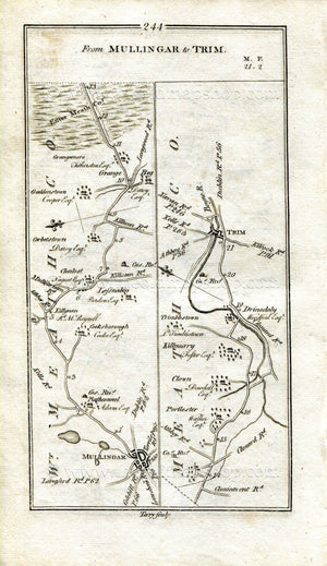 1778 Taylor & Skinner Antique Ireland Road Map 243/244 Mullingar, Rathconrath, Ballymore, Athlone, Rathconnell, Killynan, Craddenstown, Trim