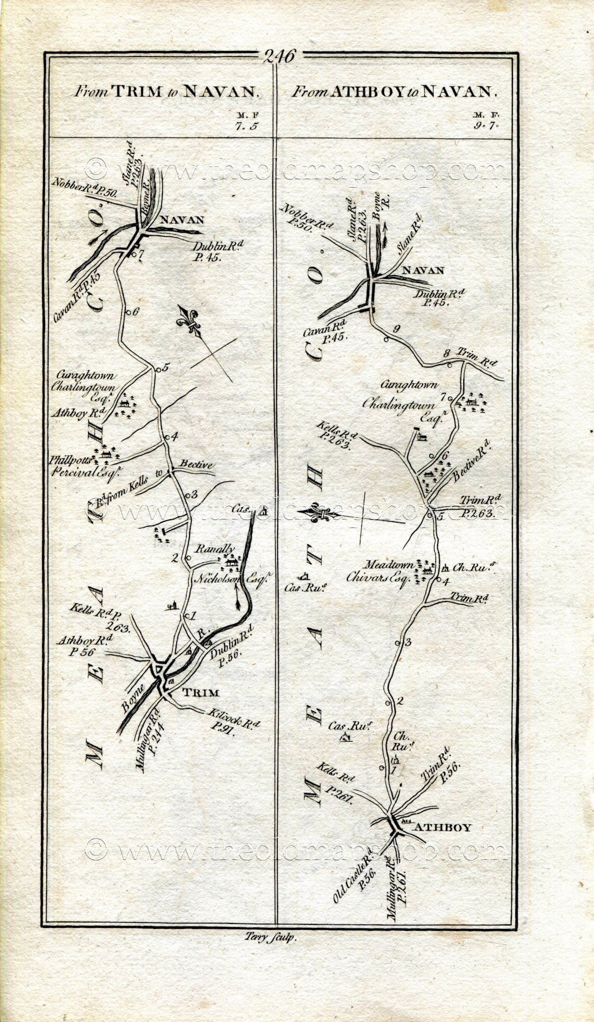 1778 Taylor & Skinner Antique Ireland Road Map 245/246 Mullingar, Collinstown, Crossakiel, Kells, Trim, Navan, Athboy, Westmeath, Meath