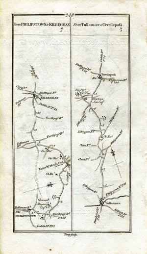 1778 Taylor & Skinner Antique Ireland Road Map 247/248 Trim, Donore, Daingean, Kilbeggan, Tullamore, Tyrrellspass, Meath, Offaly, Westmeath
