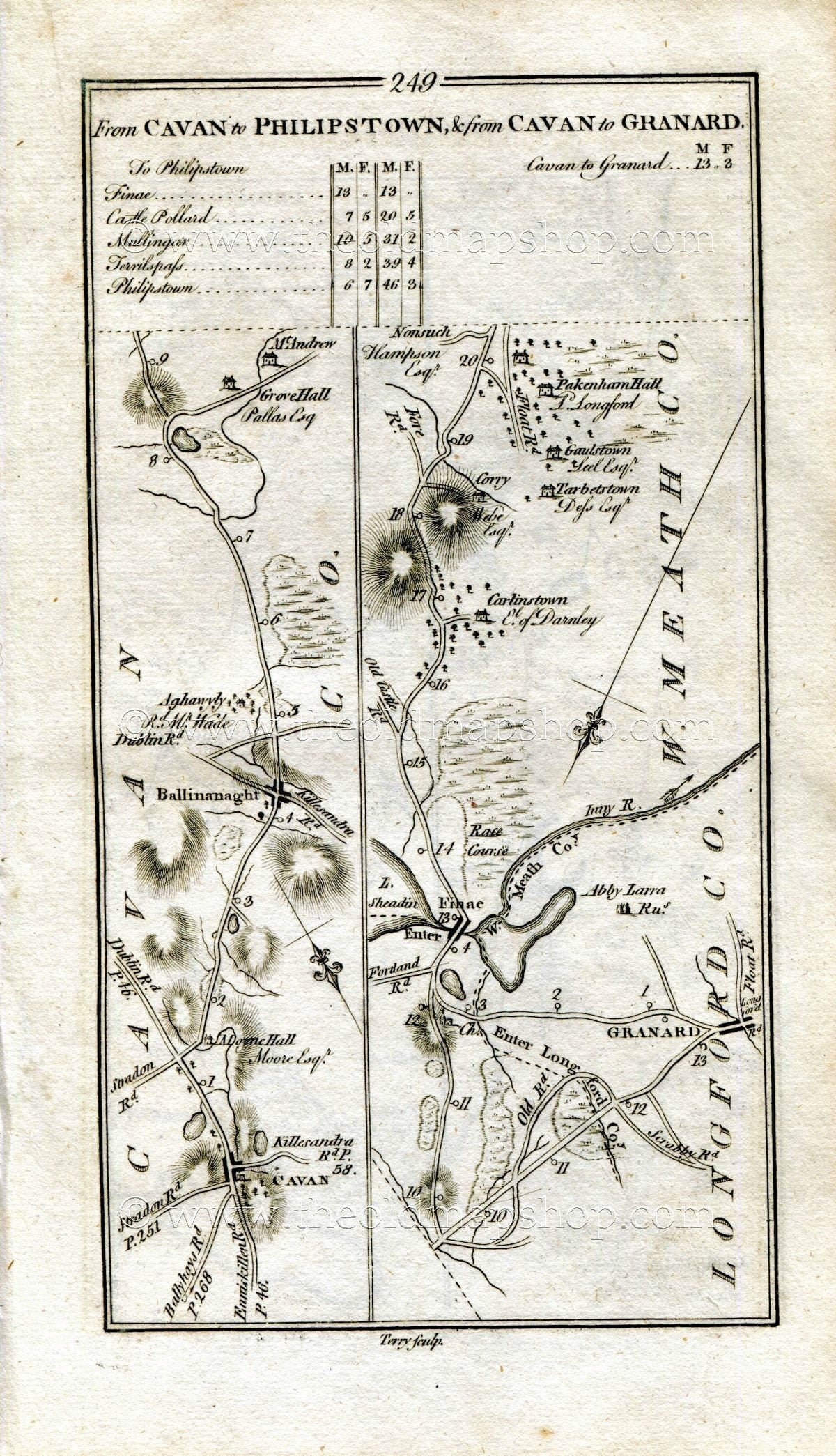 1778 Taylor & Skinner Antique Ireland Road Map 249/250 Cavan, Ballinagh, Granard, Finnea, Castlepollard, Mullingar, Tyrrellspass, Daingean