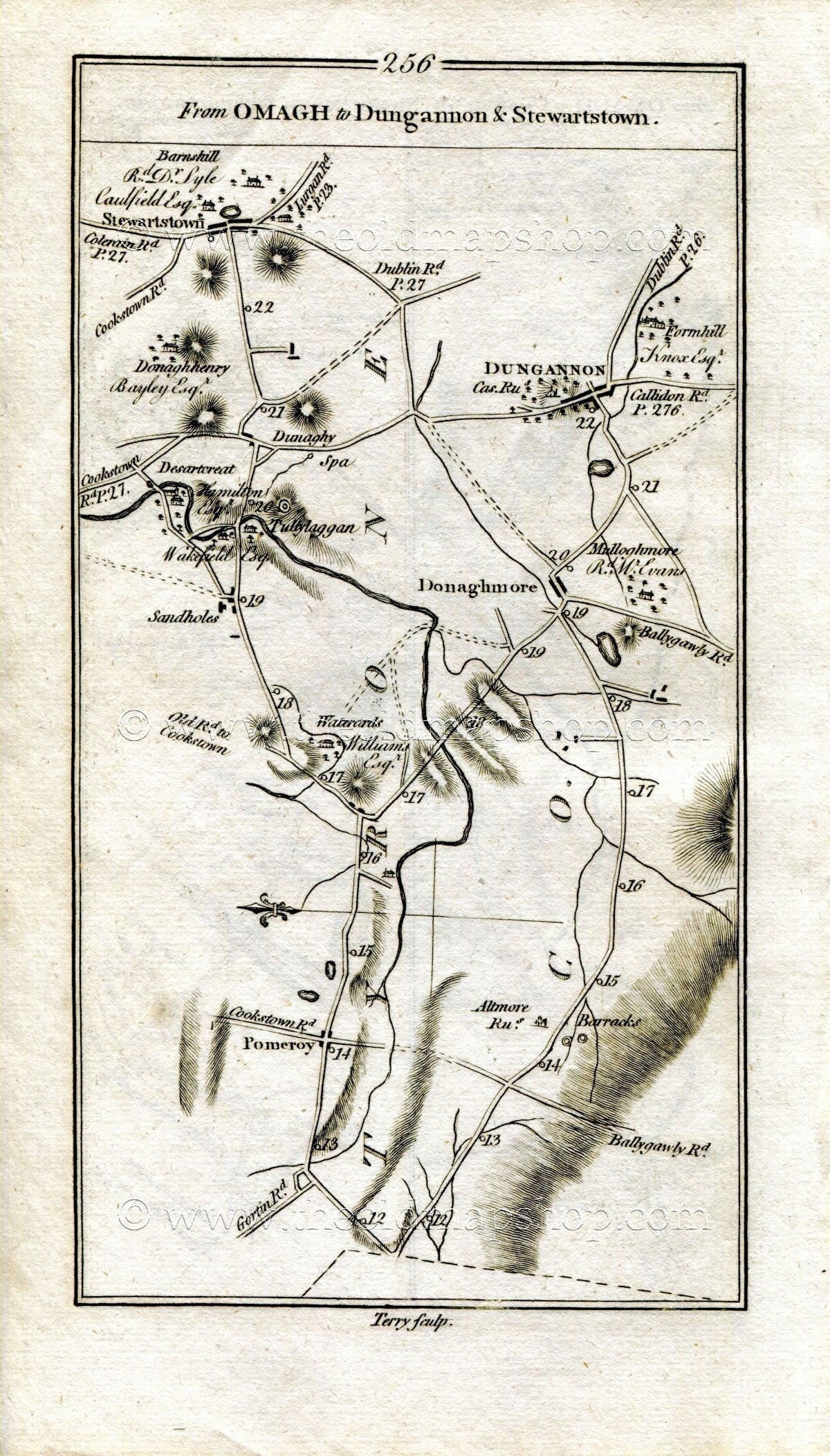 1778 Taylor & Skinner Ireland Road Map Antique 255/256 Omagh, Sixmilecross, Pomeroy, Cookstown, Donaghmore, Dungannon, Stewartstown, Tyrone