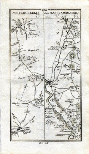 1778 Taylor & Skinner Antique Ireland Road Map 263/264 Trim, Kells, Slane, Beauparc, Navan, Lisburn, Moira, Mazetown, Magheralin Ballinderry