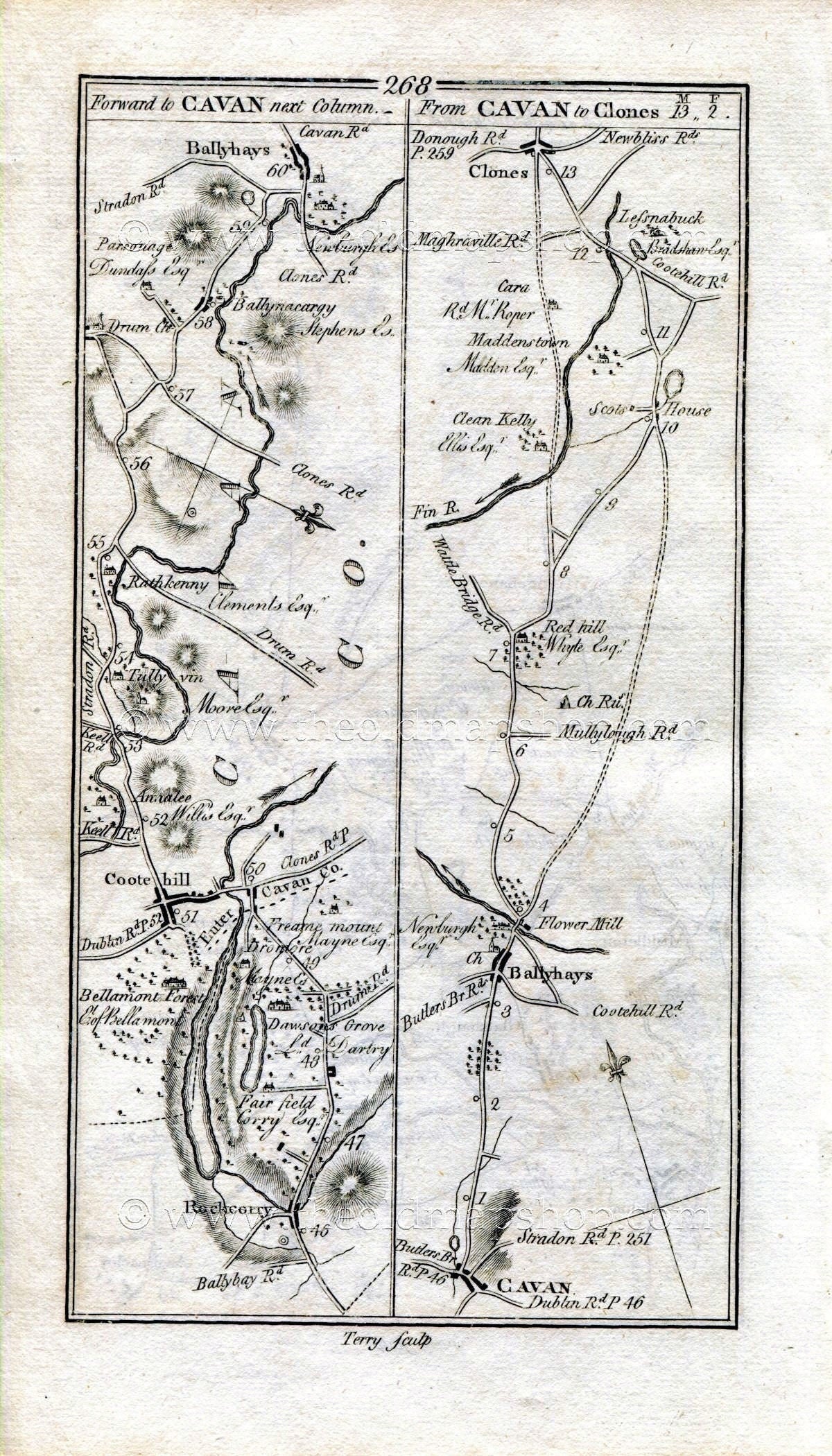 1778 Taylor & Skinner Antique Ireland Road Map 267/268 Caledon, Monaghan, Middletown, Castleshane Cootehill Monaghan Ballyhaise Cavan Clones