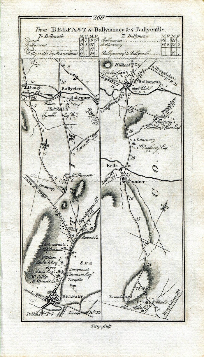 1778 Taylor & Skinner Antique Ireland Road Map 269/270 Belfast, Ballyclare, Ballynure, Connor, Kells Ballymena Clough Ballymoney Ballycastle