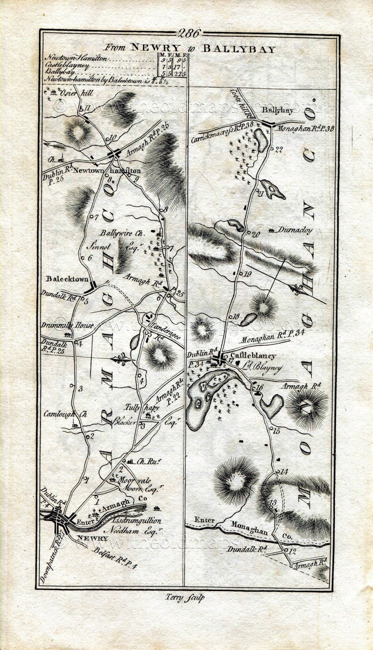 1778 Taylor & Skinner Antique Ireland Road Map 285/286 Rostrevor, Rathfriland, Dromore, Moira, Lurgan, Newry Belleeks Castleblayney Ballybay