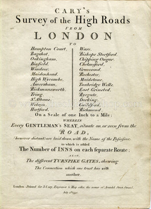 1790 John Cary Antique Road Map 69/70 Tooting, Merton, Morden, Ewell, Epsom, Ashtead, Leatherhead, Mickleham
