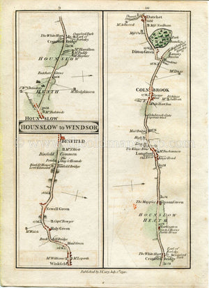 1790 John Cary Antique Road Map 9/10 Winkfield, Newell Green, Binfield, Hounslow, Cranford Bridge, Sipson Green, Longford, Colnbrook Datchet
