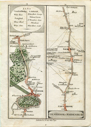 1790 John Cary Antique Road Map 11/12 Datchet, Eton, Windsor, North Street, Hatchet Lane, Colnbrook, Ditton Park, Slough, Salt Hill