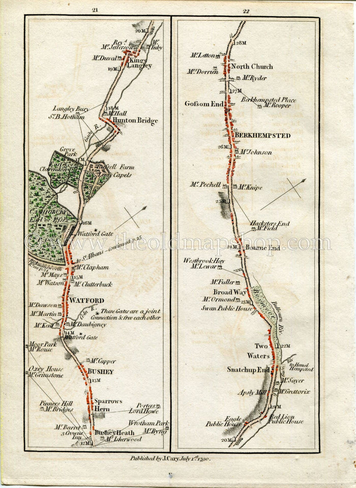 1790 John Cary Antique Road Map 21/22 Bushey Heath, Watford, Hunton Bridge, Kings Langley, Bourne End, Berkhamsted, Northchurch