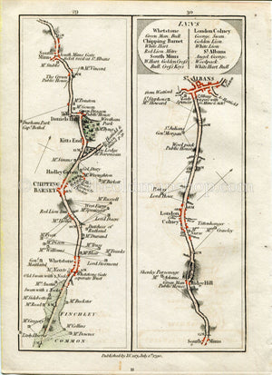 1790 John Cary Antique Road Map 29/30 Finchley Common, Chipping Barnet, Hadley Green, Kitts End, South Mimms, London Colney, St. Albans