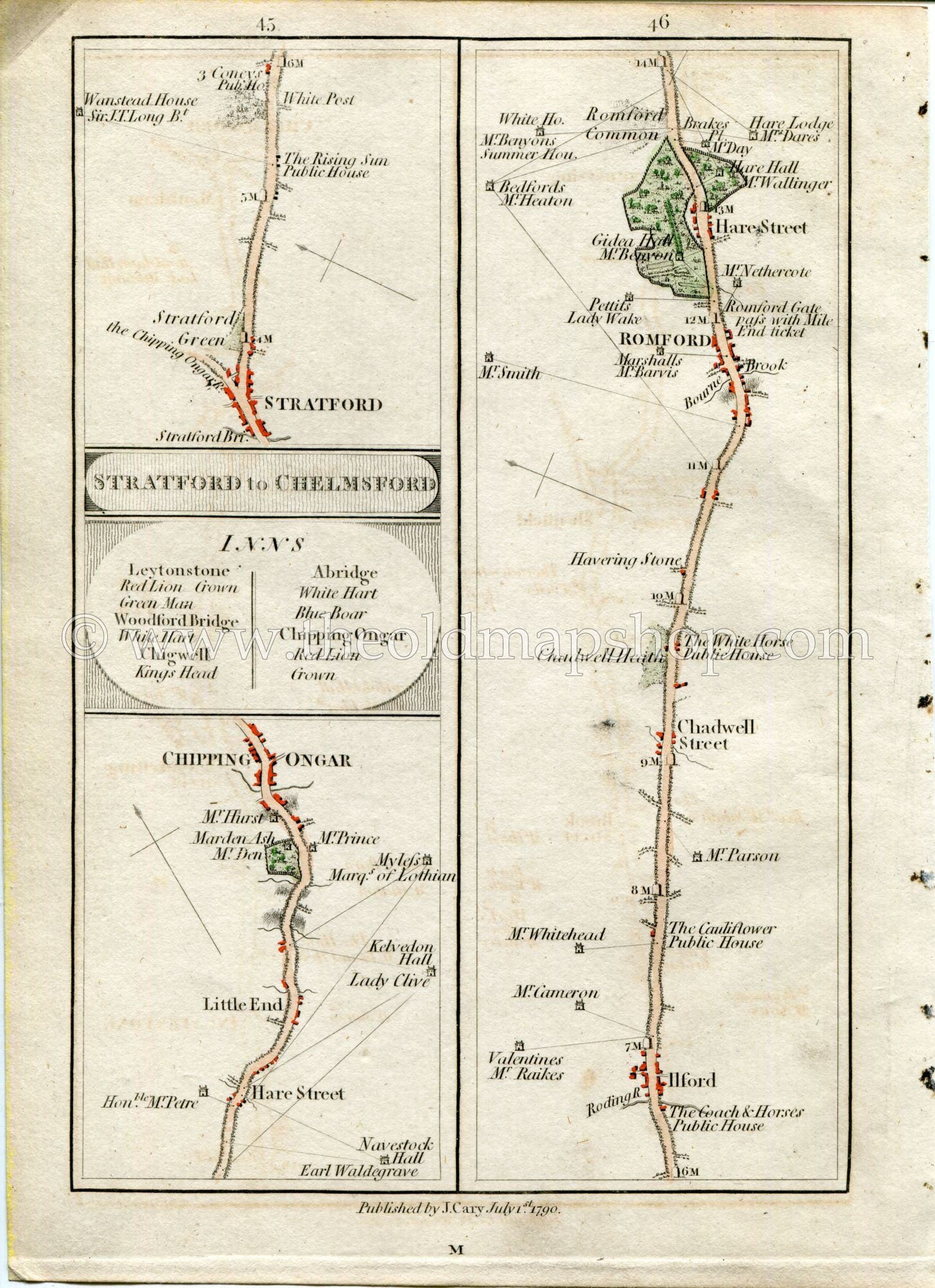 1790 John Cary Antique Road Map 45/46 Little End, Chipping Ongar, Stratford Green, Ilford, Chadwell Heath, Romford, London