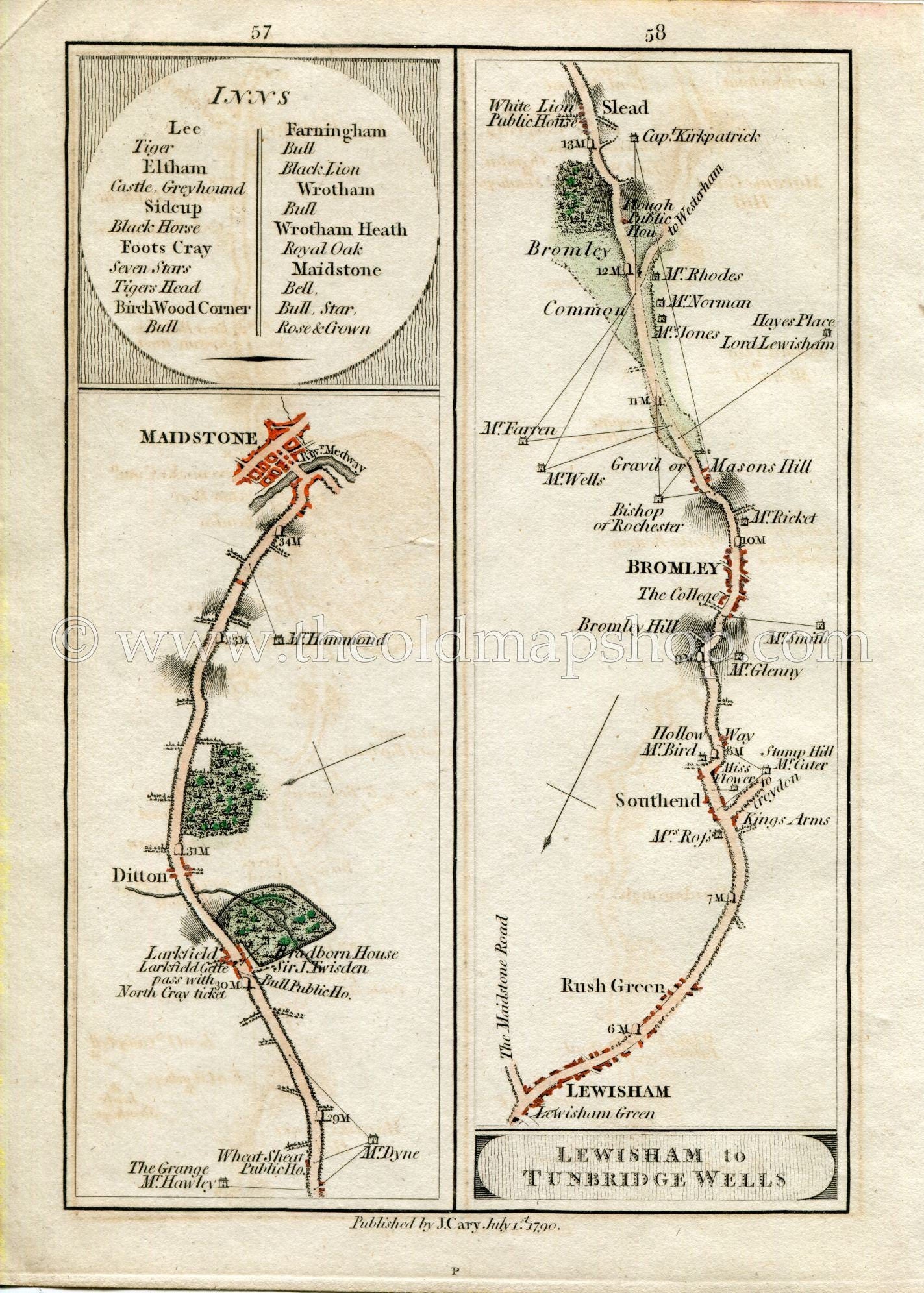 1790 John Cary Antique Road Map 57/58 Ditton, Maidstone, Lewisham, Southend, Bromley, Bromley Common, London