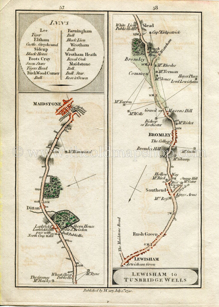 1790 John Cary Antique Road Map 57/58 Ditton, Maidstone, Lewisham, Southend, Bromley, Bromley Common, London