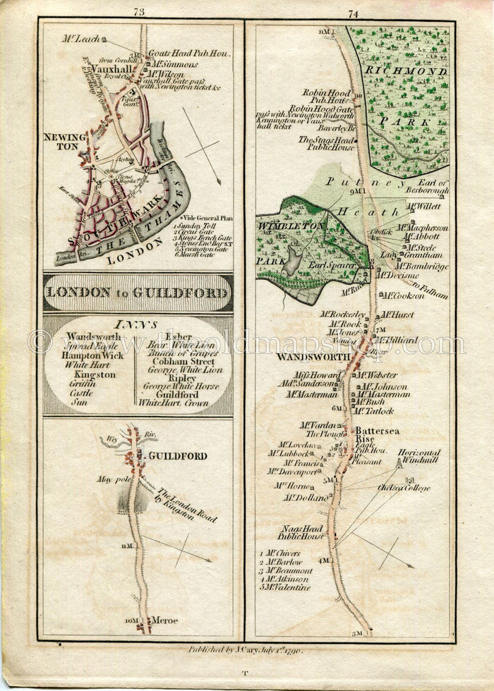 1790 John Cary Antique Road Map 73/74 Merrow, Guildford, London, Newington, Battersea Rise, Wandsworth, Wimbledon, Putney, Richmond Park