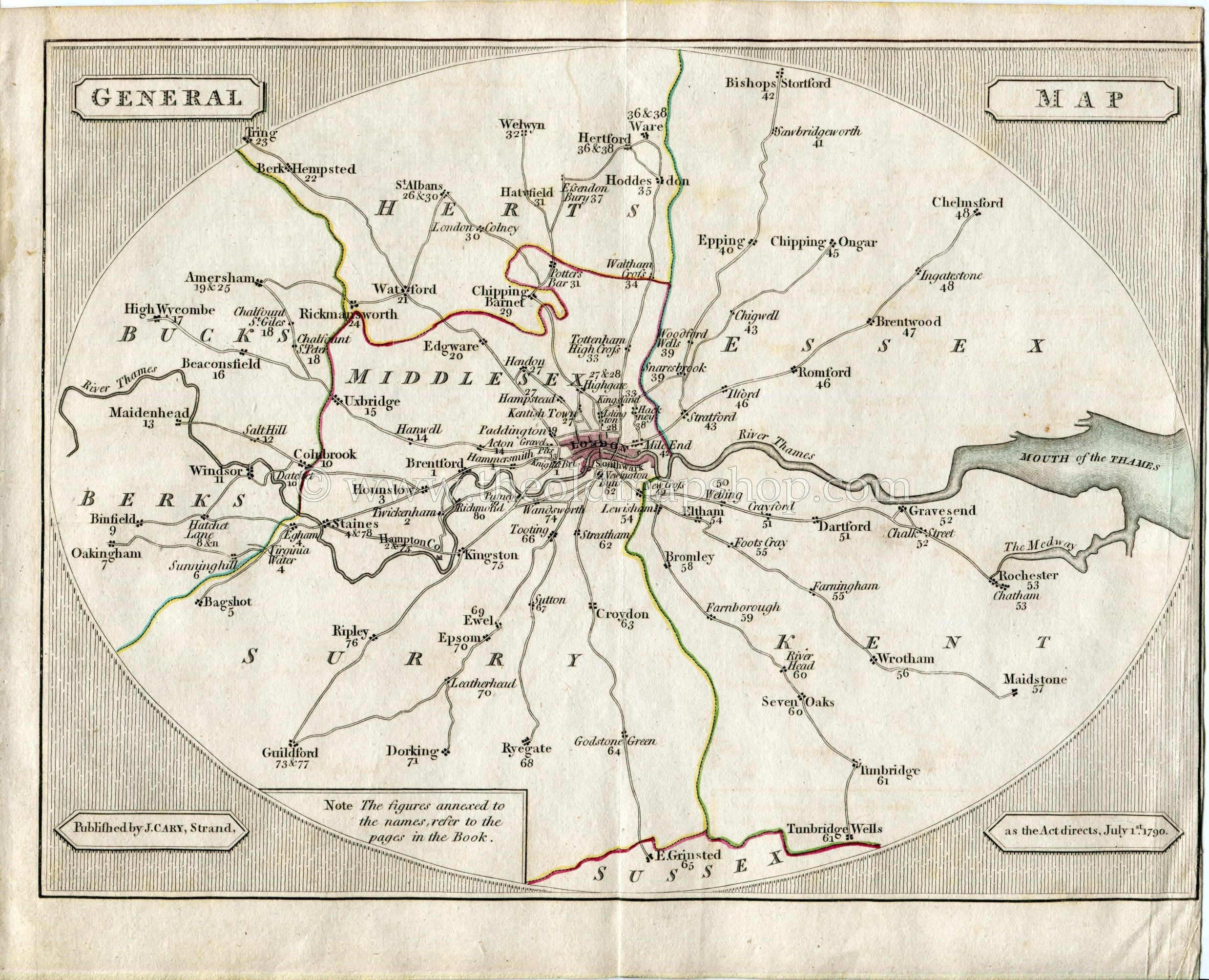 1790 John Cary Antique London Road Map - General Map showing Roads from London