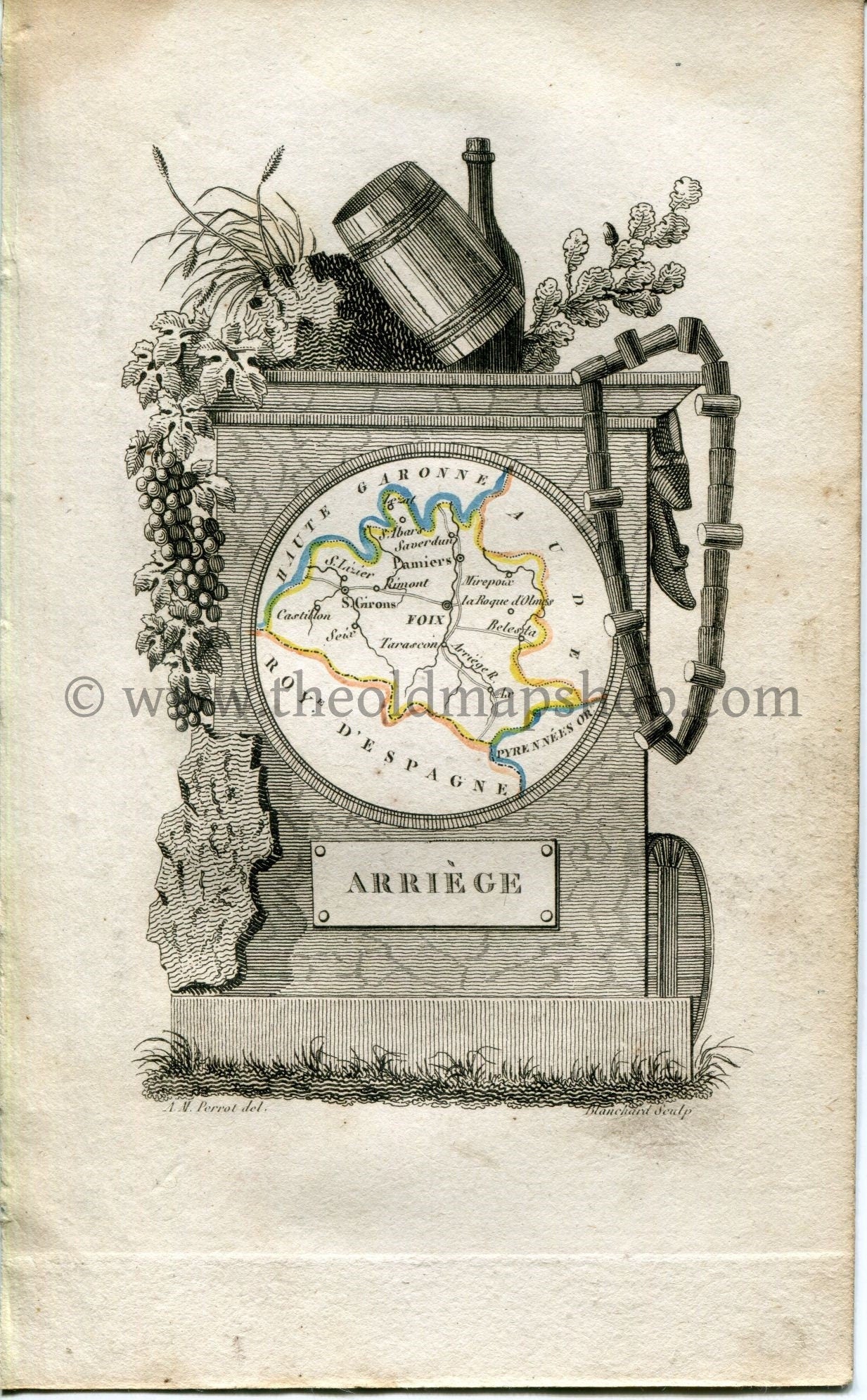 1823 Perrot Map of ARIEGE France, Antique Map, Print. Outline Original Hand Colouring.