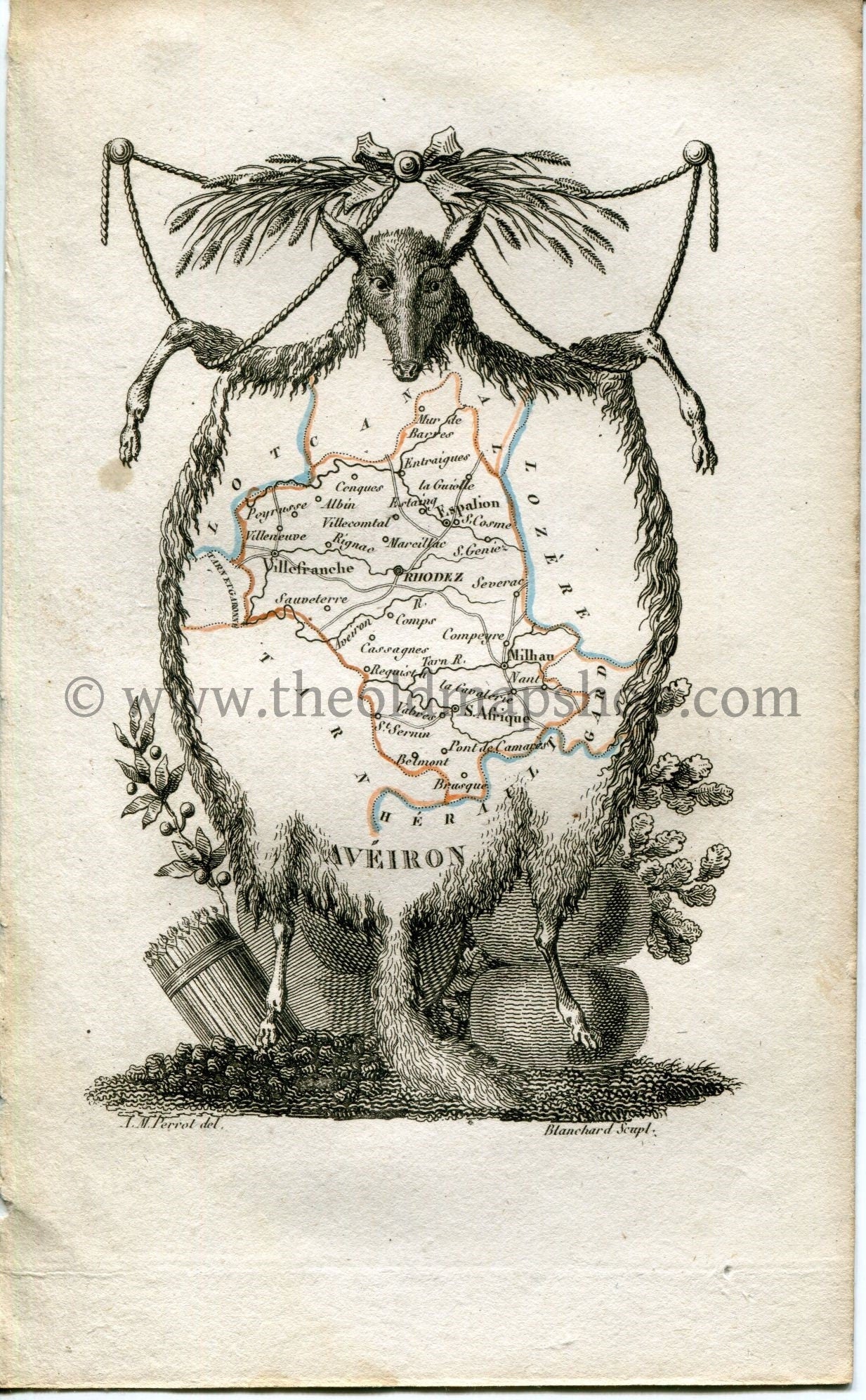 1823 Perrot Map of AVEYRON France, Antique Map, Print. Outline Original Hand Colouring.