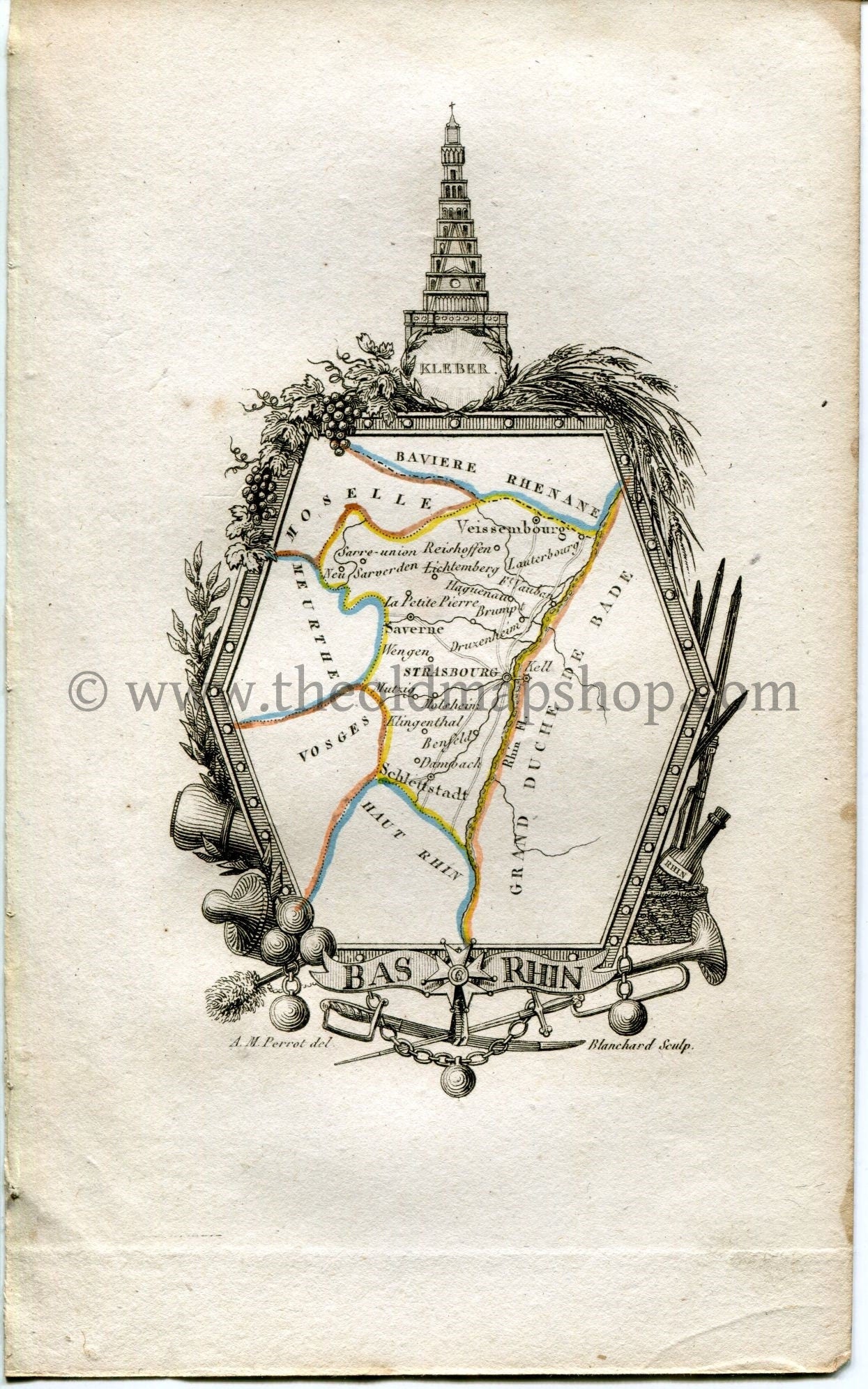 1823 Perrot Map of BAS-RHIN, France, Antique Map, Print. Outline Original Hand Colouring.