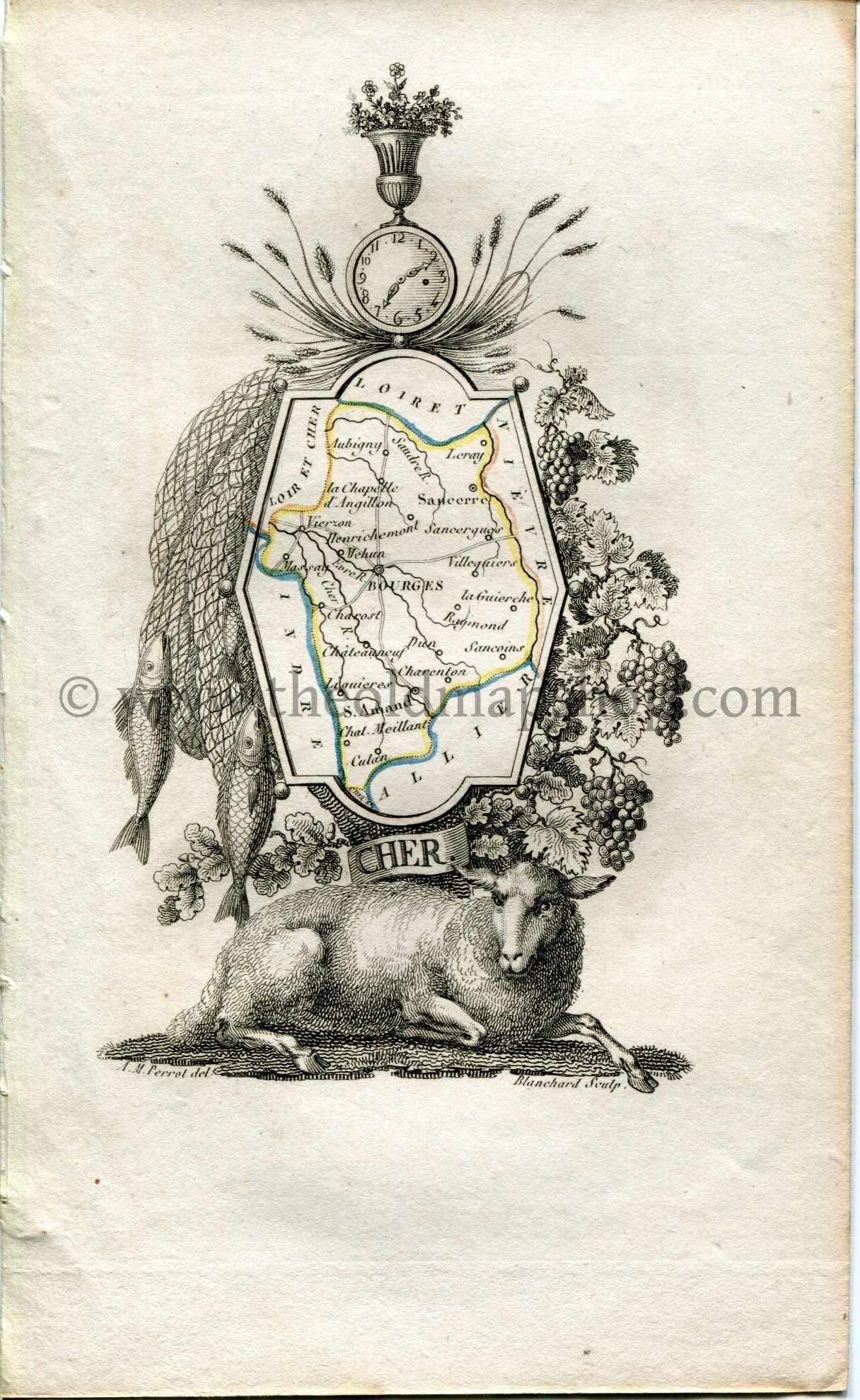 1823 Perrot Map of CHER, France, Antique Map, Print. Outline Original Hand Colouring.
