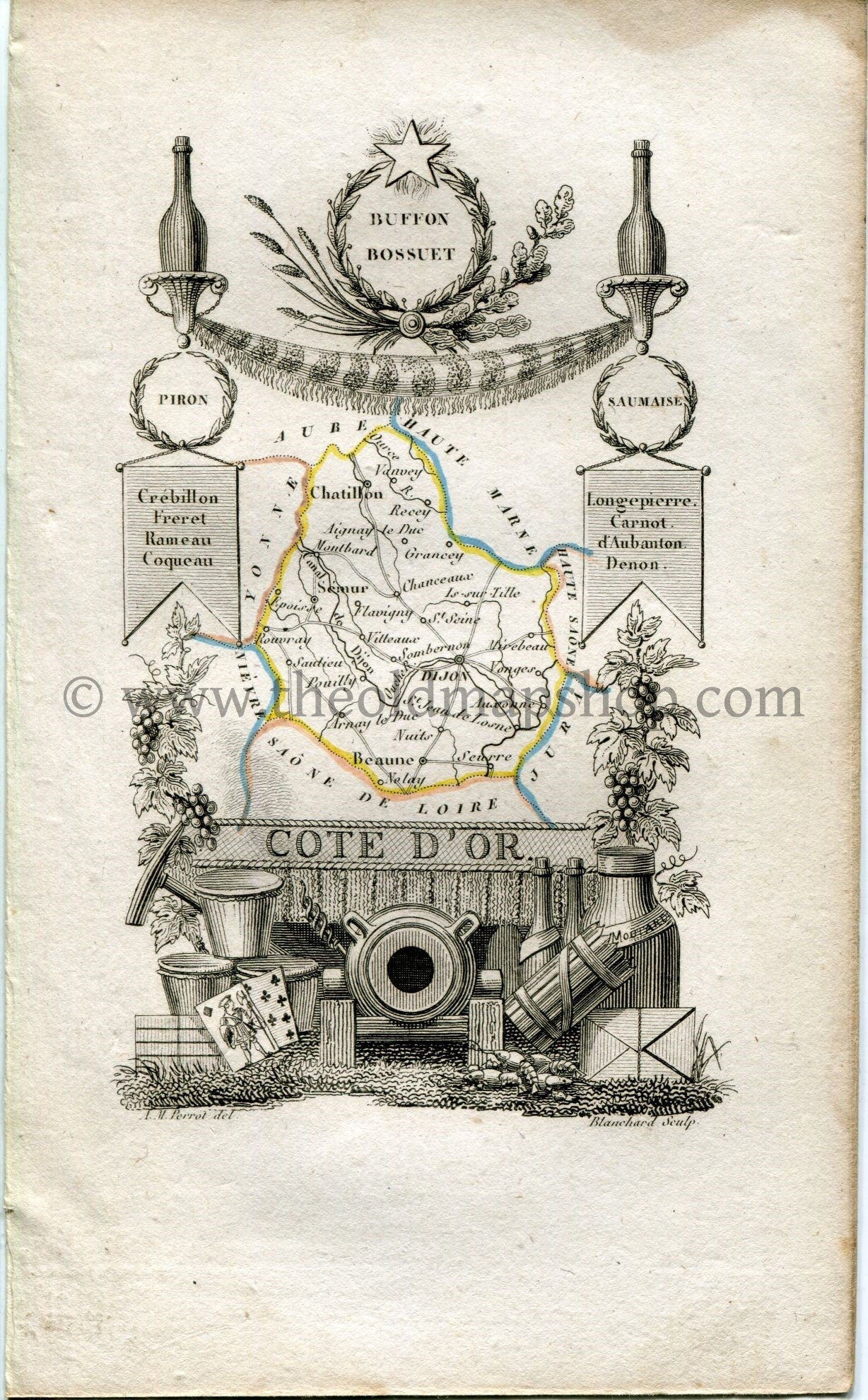 1823 Perrot Map of Côte-d'Or, France, Antique Map, Print. Outline Original Hand Colouring.