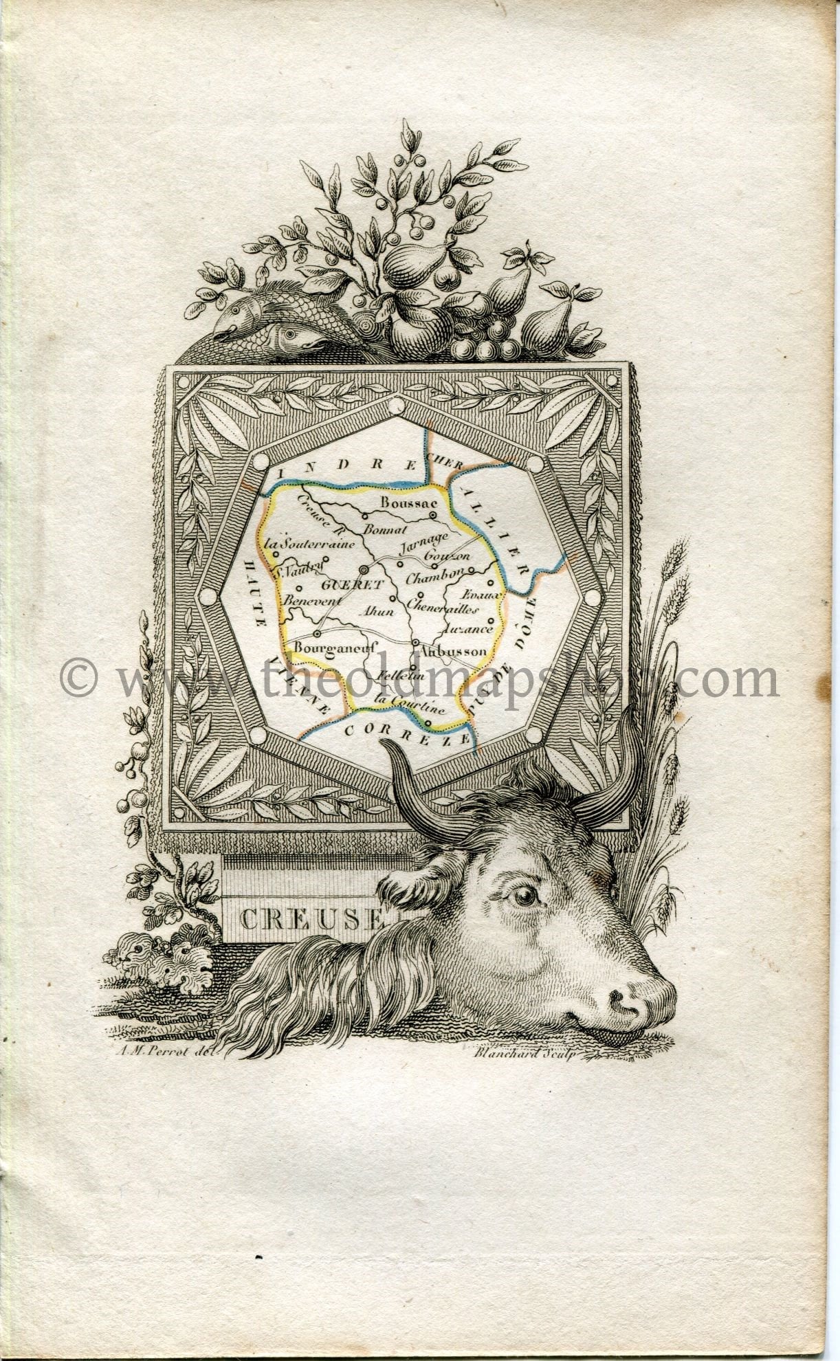 1823 Perrot Map of CREUSE, France, Antique Map, Print. Outline Original Hand Colouring.
